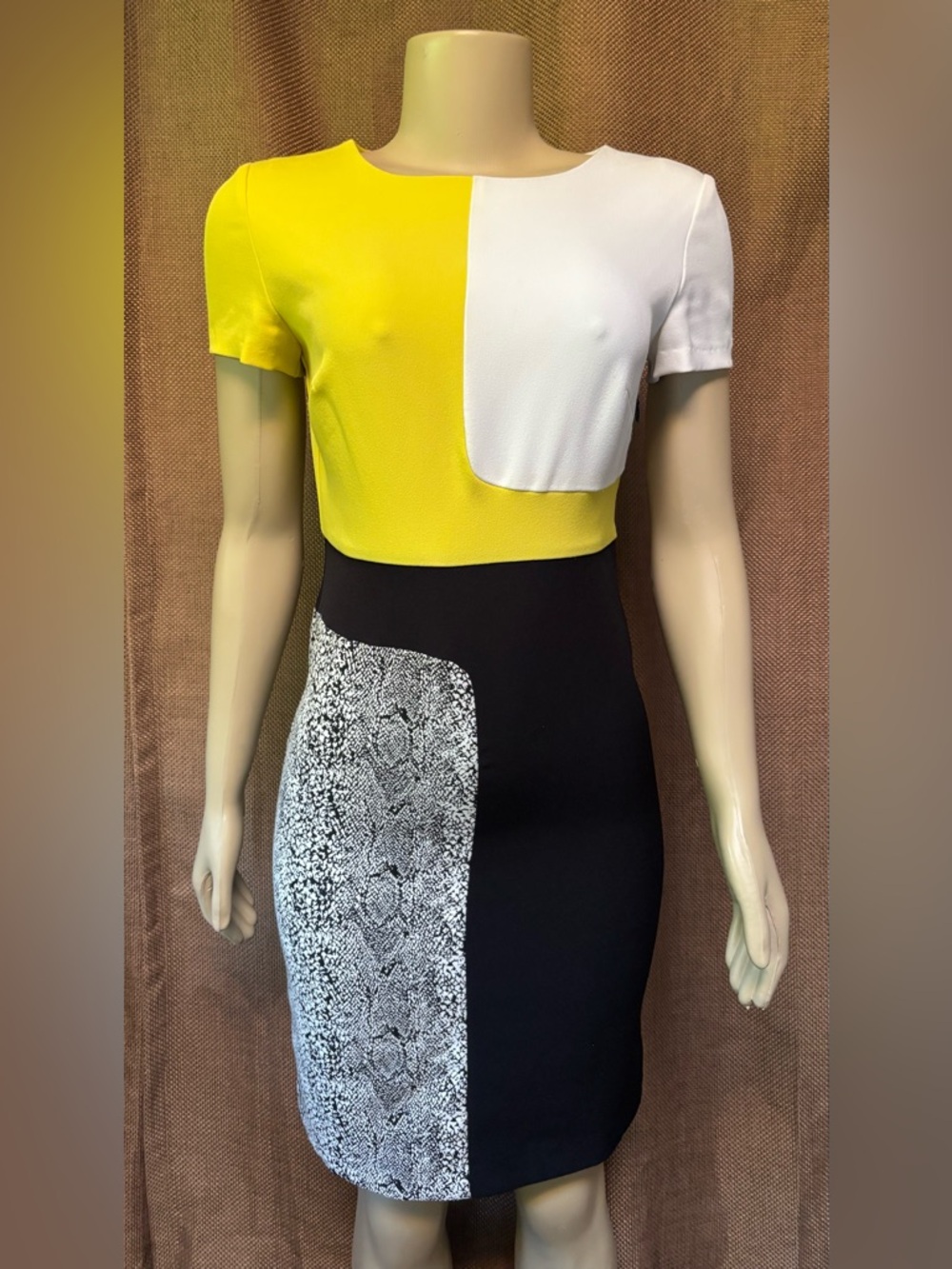 Chetta B Colorblock Yellow & White Top with Black Snake-Print Pencil Skirt Dress